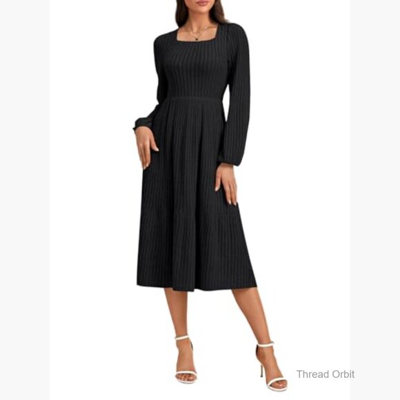 Long Sleeve Ribbed Knit Sweater Dress, Square Neck Tiered A-Line Fall Winter - Picture 2 of 6